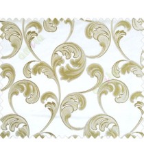 Large scroll with green beige flower with embossed look on half white cream shiny fabric main curtain